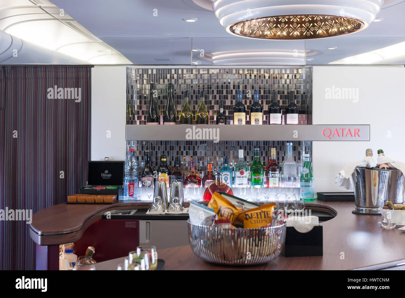 Qatar Airways, Business class lounge onboard Airbus A380-800. Stock Photo