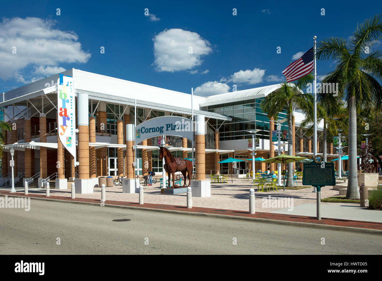 Fort Myers Regional Library at Cornog Plaza in downtown Ft. Myers, Florida, USA Stock Photo