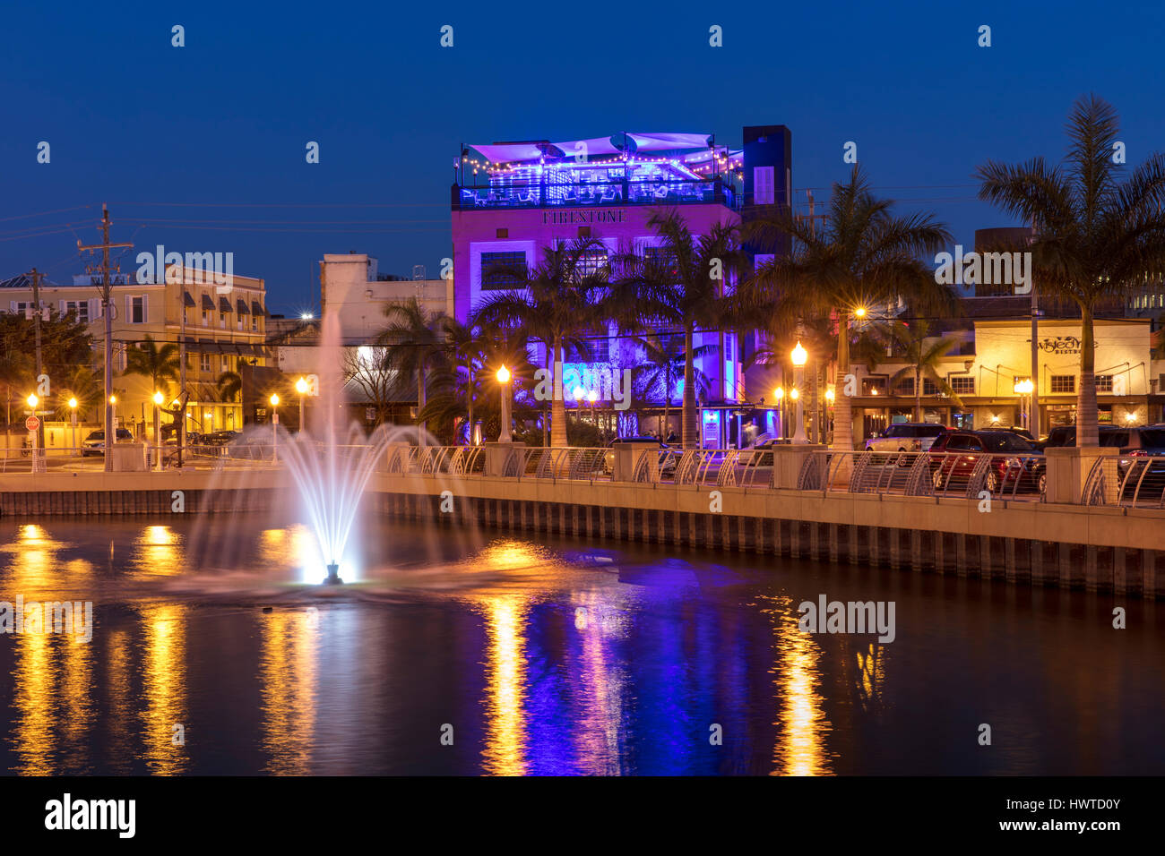 Harborside view of The Firestone Grille, Martini Bar & Sky Bar and buildings of downtown Ft