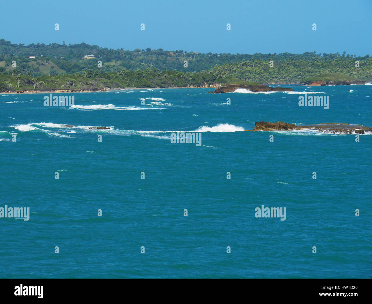 Shoals are navigational hazard at port of Amber Cove, Puerto Plata, Domincan Republic. Stock Photo