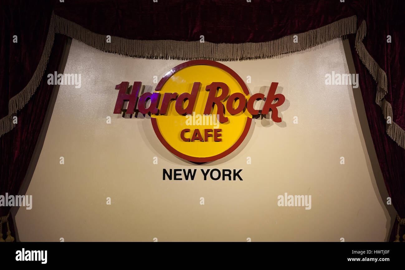 New York City, Usa - July 12, 2015:  Hard Rock Cafe New York Sign. Hard Rock Cafe is a chain of theme restaurants founded in 1971 by Isaac Tigrett and Stock Photo