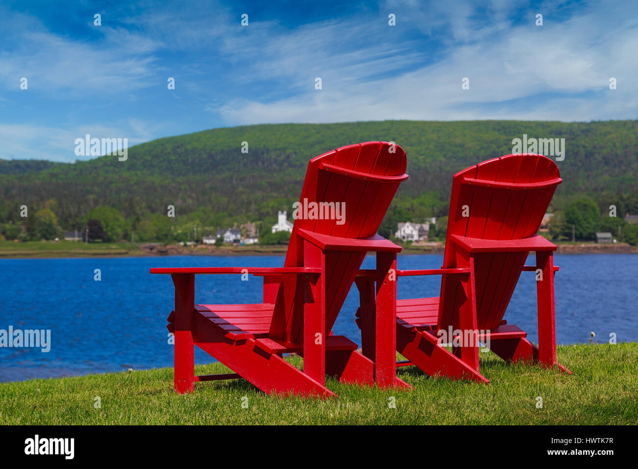 Adirondack chairs overlooking the Annapolis River in Nova Scotia