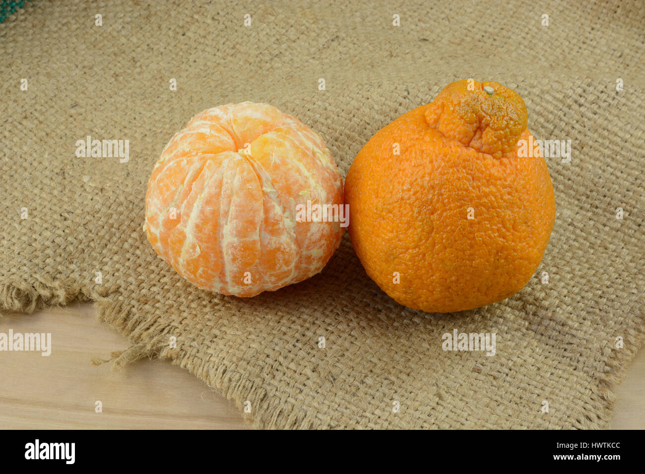 Sweet seedless peeled and unpeeled Dekopon mandarin oranges on burlap Stock Photo