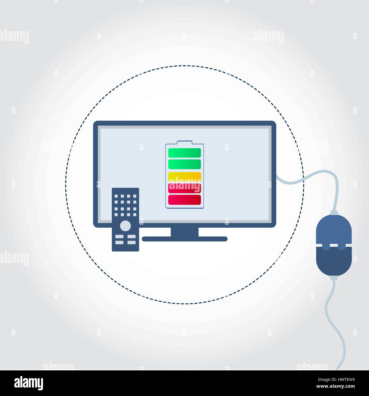 Tv with a plug plugged in and battery symbol on monitor showing charge level. Stock Vector