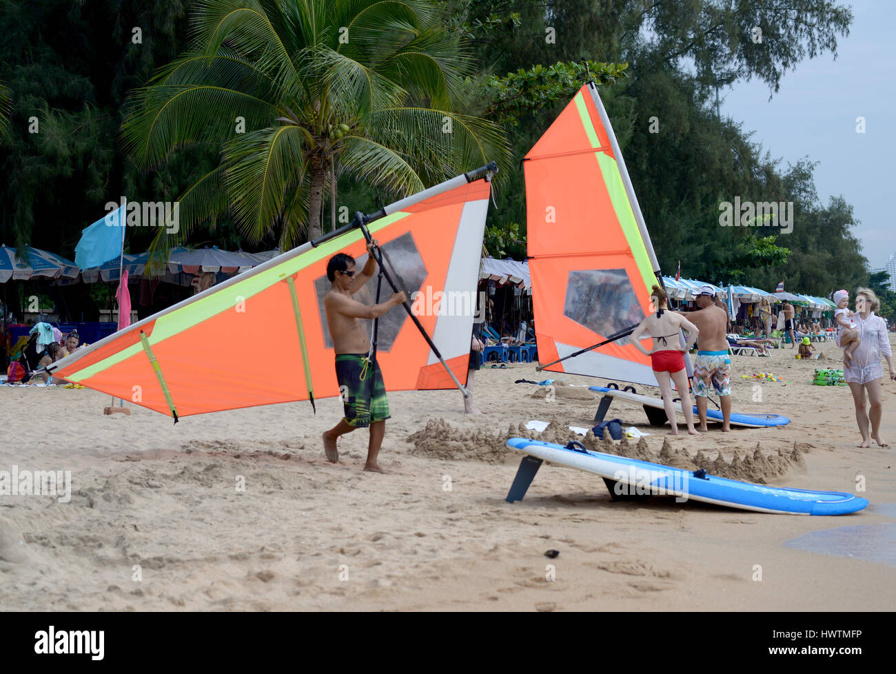 Preparation for windsurfing on the beach Stock Photo