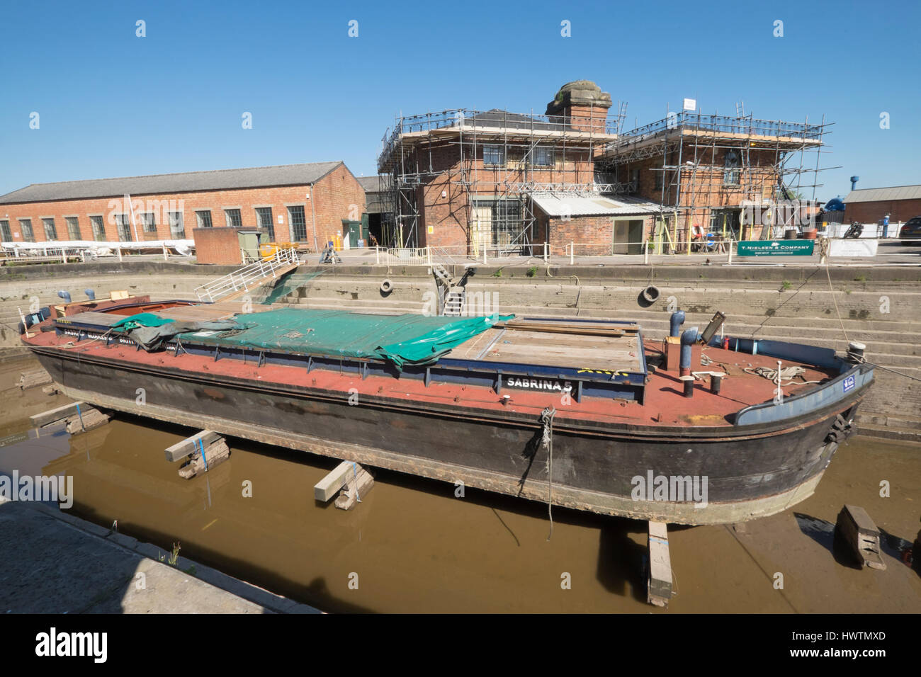 Unpowered barge Sabrina 5 in Gloucester drydock for repairs and
