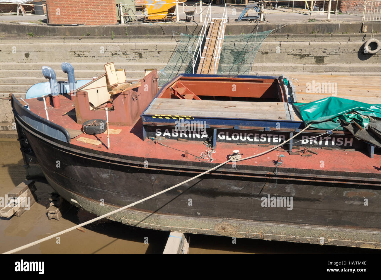 Unpowered barge Sabrina 5 in Gloucester drydock for repairs and
