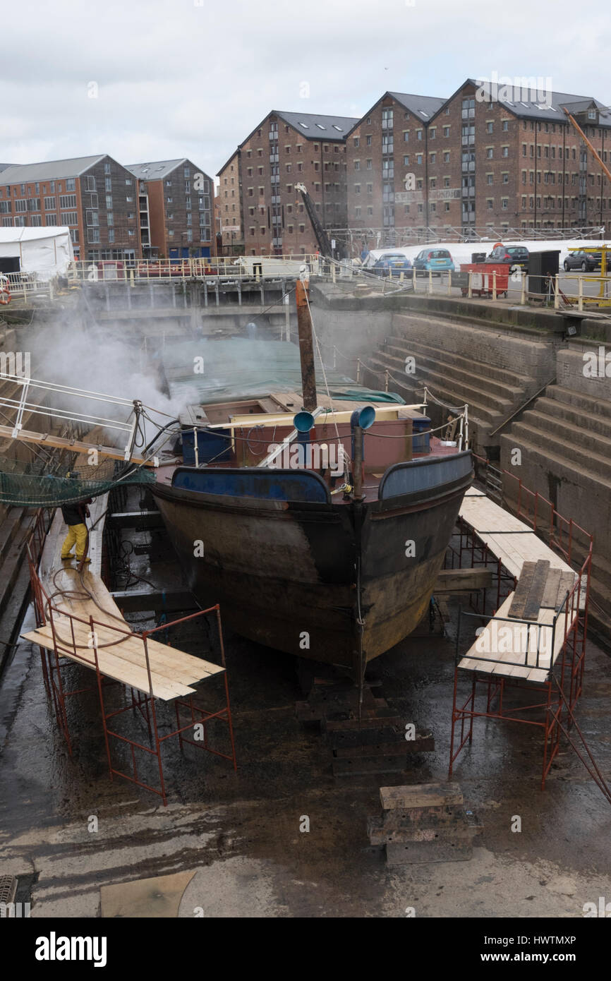 Unpowered barge Sabrina 5 in Gloucester drydock for repairs and