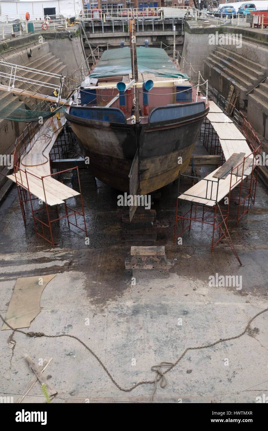 Unpowered barge Sabrina 5 in Gloucester drydock for repairs and