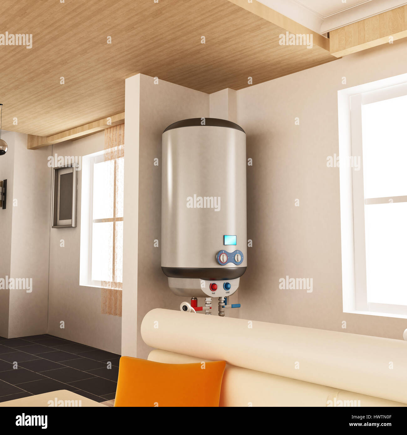 Water heater hanging on the wall. 3D illustration. Stock Photo