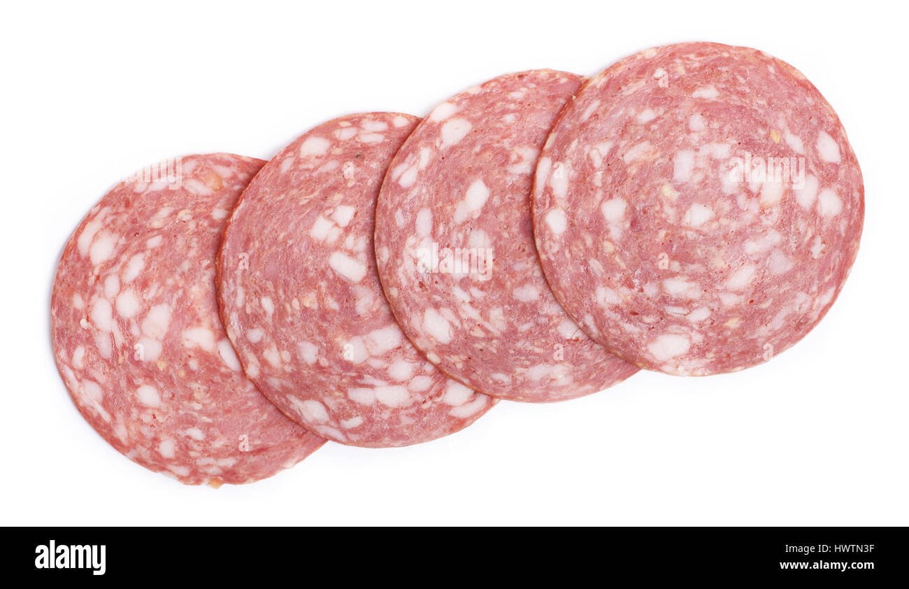 Sliced sausage isolated on white background Stock Photo - Alamy