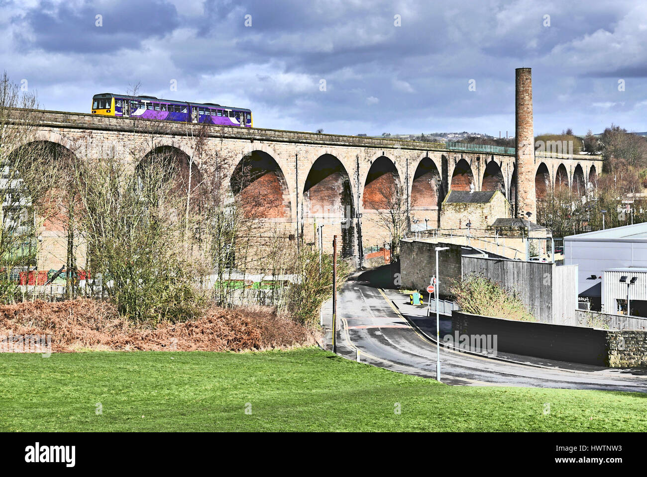 East Lancs railway line diesel locomtive passing over viaduct,Burnley,Lancashire,UK Stock Photo