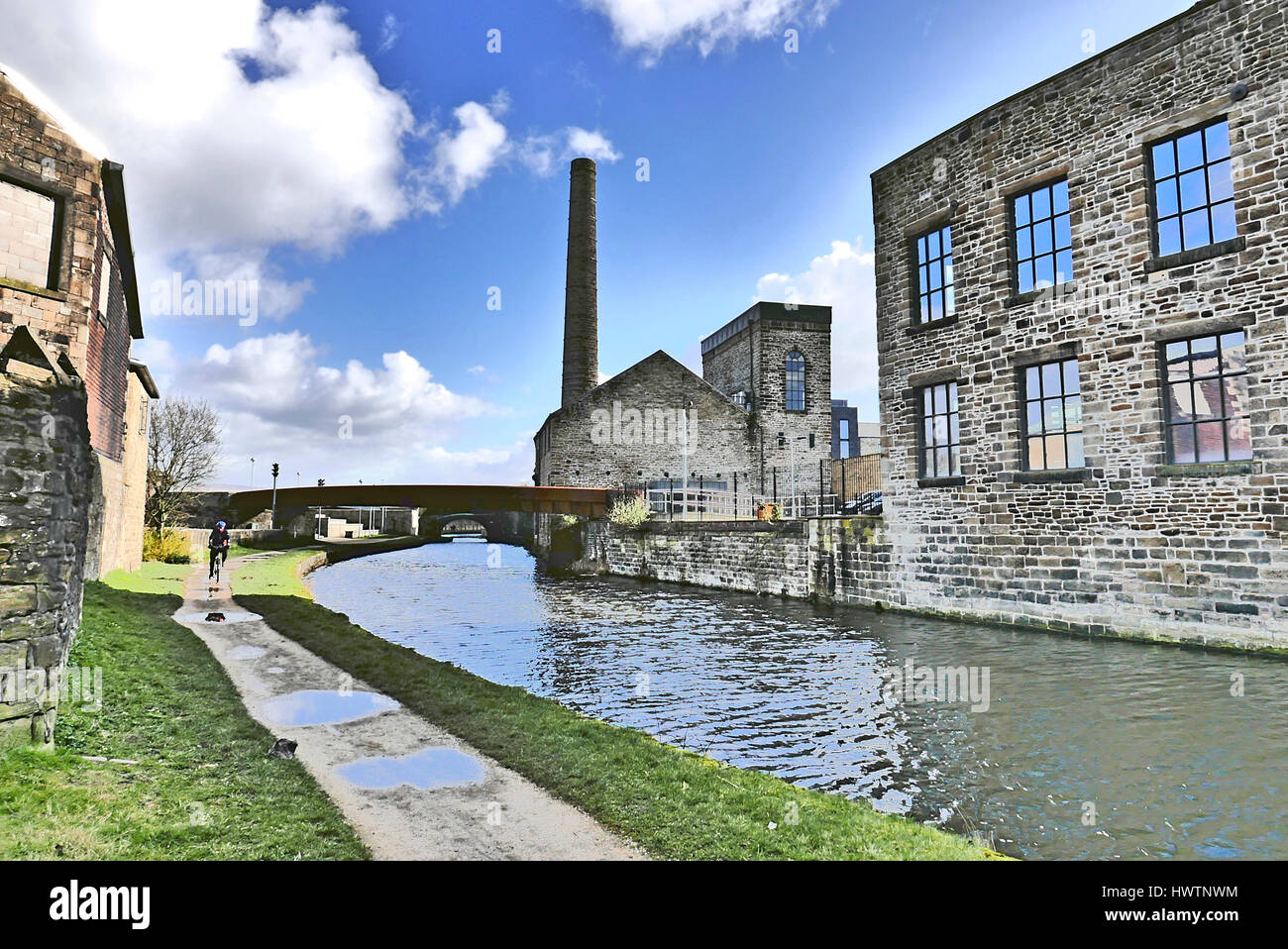 Mills and warehouses on the banks of the canal at Burnley,Lancashire,UK Stock Photo