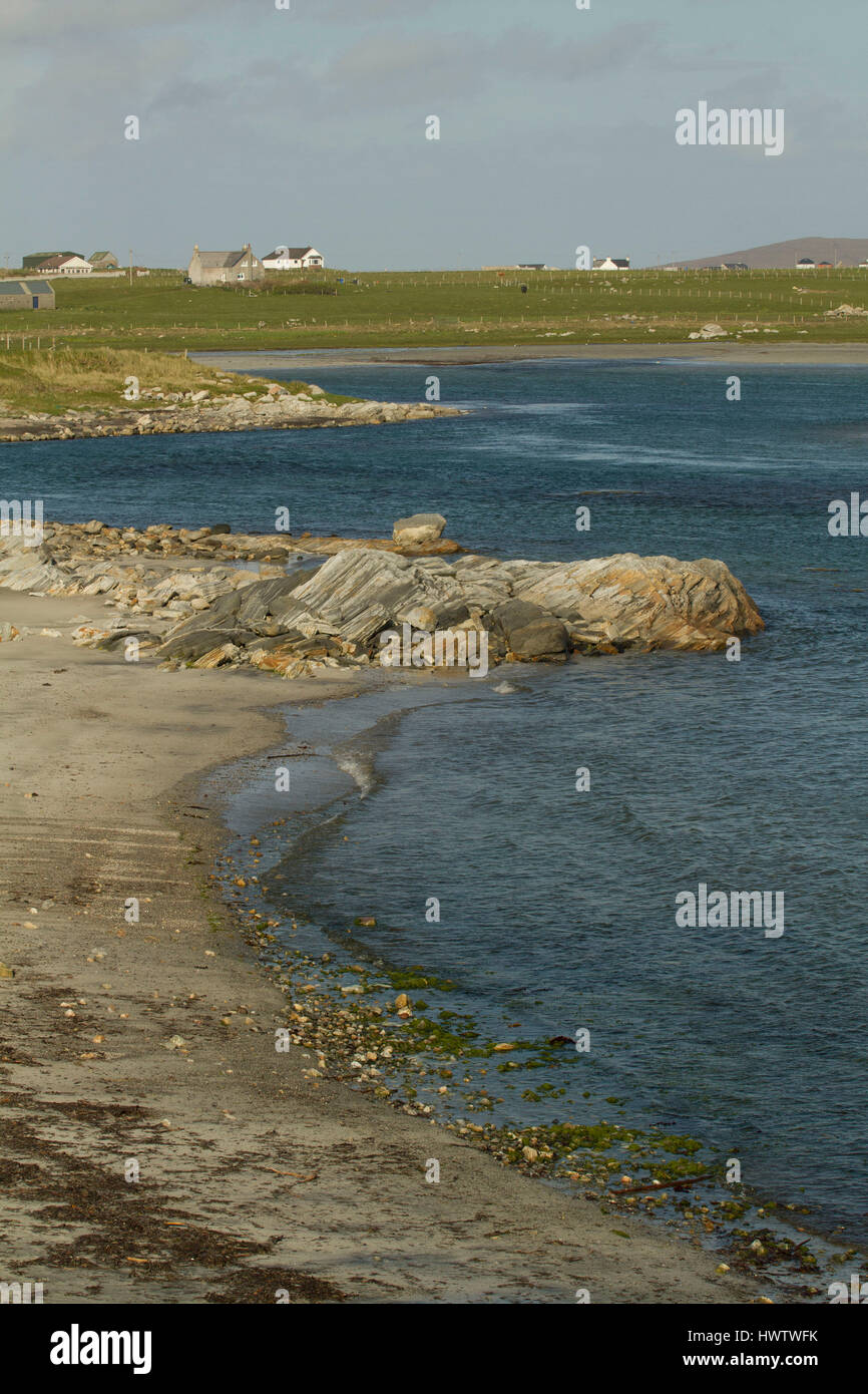 Shallow sea in elongated bay ,ideal habitat for feeding Little Terns(Sterna albifrons) due to the clarity of the water and shllowness of the water ,ideal habitat for sand eels, prey item. Stock Photo