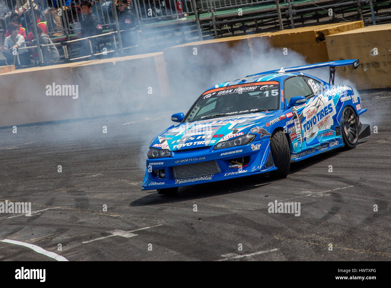 Tokyo, Japan. 18th April,2015. Masashi Yokoi of D-MAX, performs drifting during the round 1 of D1 Grand Prix at Odaba Special Course. Stock Photo