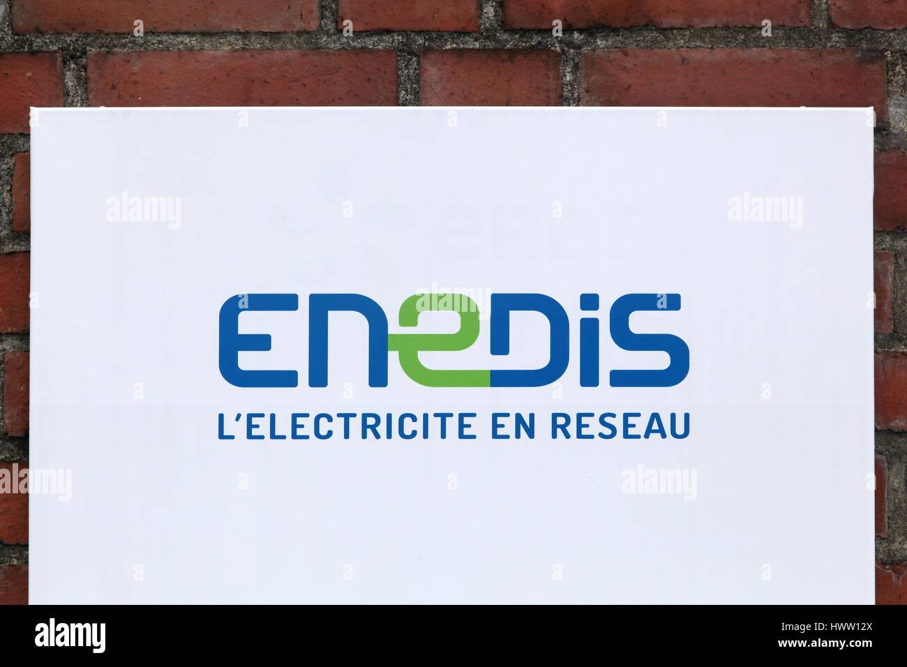 Orleans, France - March 19, 2017: Enedis logo on a wall. Enedis Is a public company , a 100% subsidiary of EDF Stock Photo