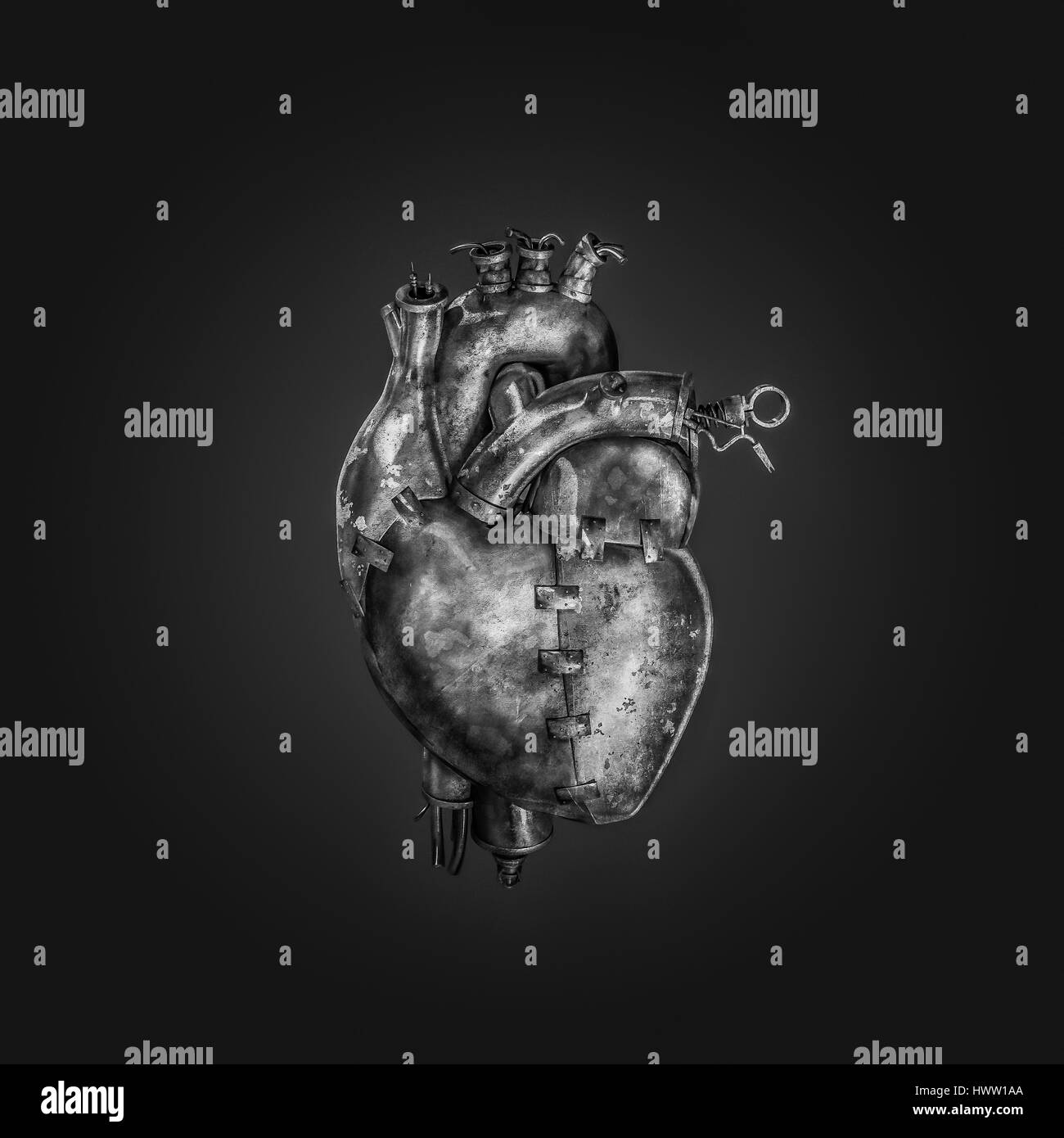 Steampunk machine heart / 3D illustration of dark grungy metal heart Stock Photo