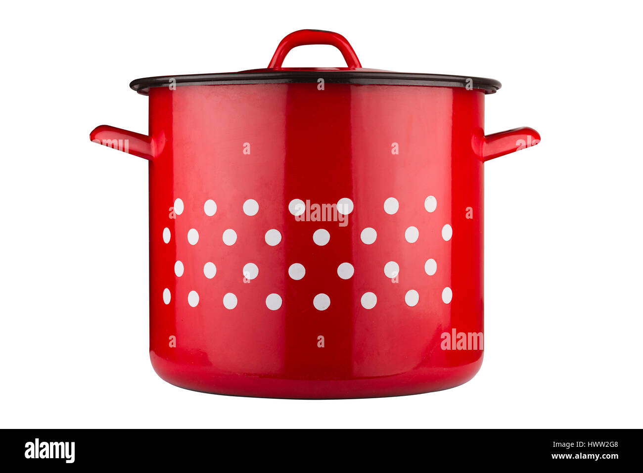 horizontal front view of a large metallic classic cooking red pot with