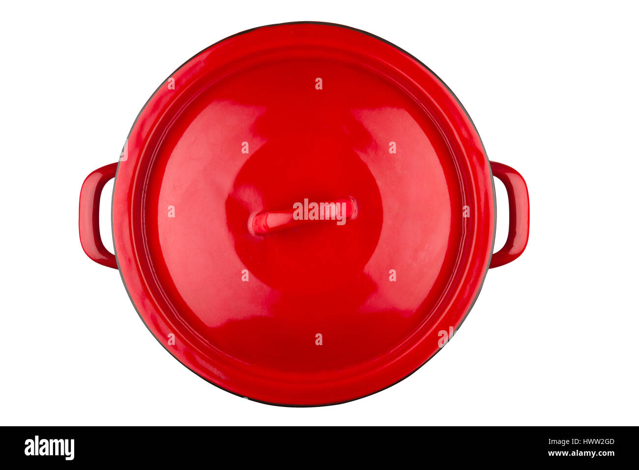 top view of a large metallic classic cooking red pot with cover and ...