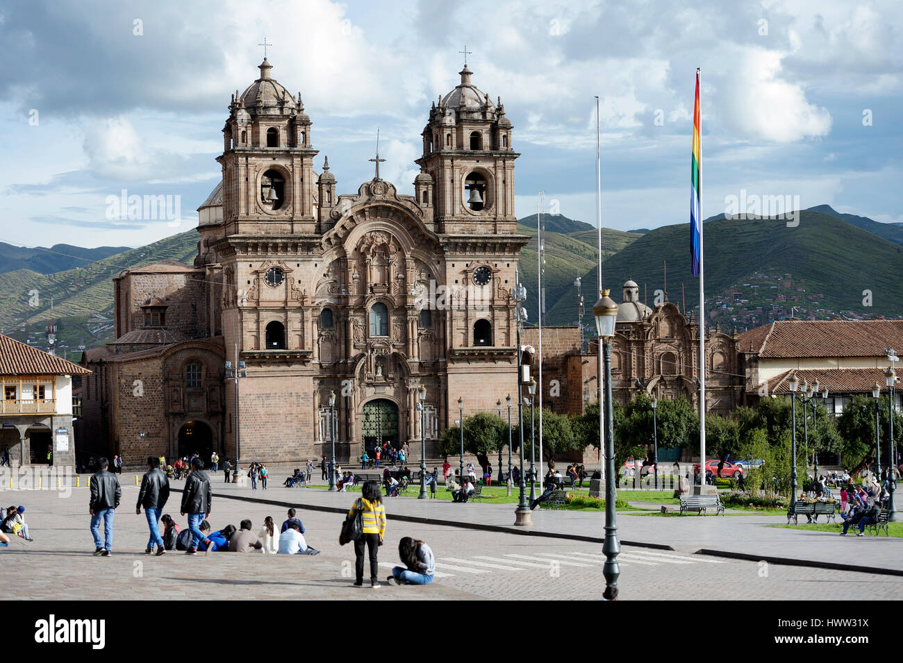 Peru, Cusco, Plaza de Armas with Jesuit Church Stock Photo