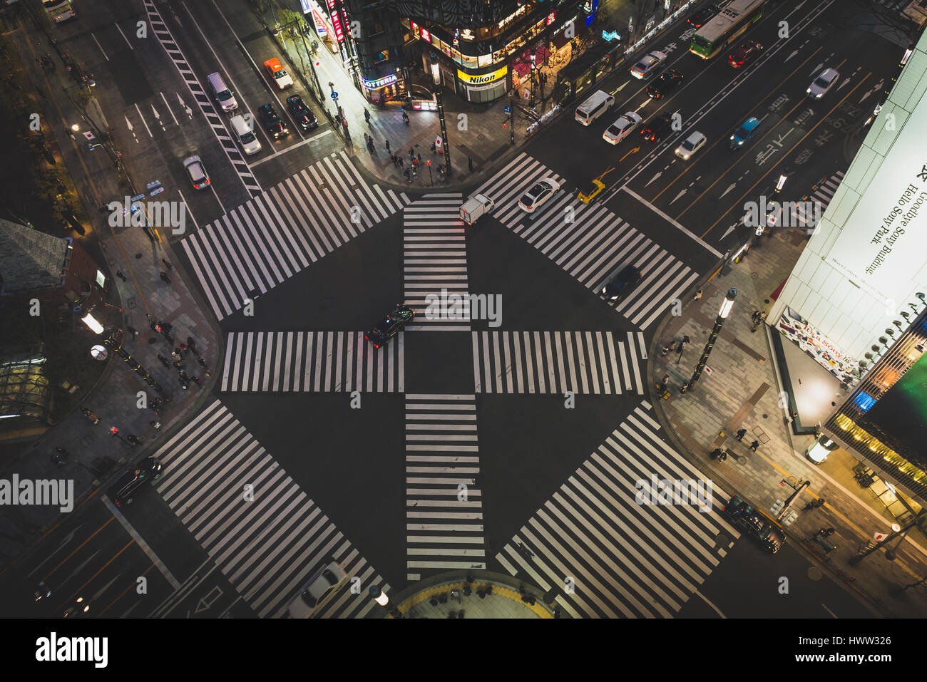 Japan, Tokyo, Ginza, top view of zebra crossing in front of Tokyu Plaza shopping mall Stock Photo