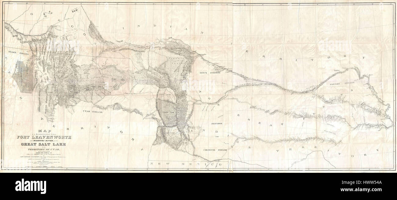 1852 Stansbury Map, Great Salt Lake to Fort Levenworth Route (Colorado