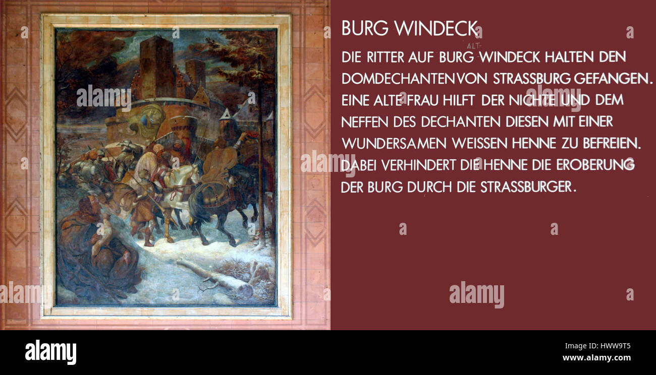 The Baden Baden Trinkhalle Fresco, located at Burg Windeck, is a significant example of fresco art from the region. This fresco is part of the historical architecture of the Trinkhalle, a well-known spa in Baden-Baden, Germany. The work features decorative motifs and elements typical of the 19th century, showcasing the artistic culture and tradition of the time, as well as the healing and cultural aspects of the spa culture. Stock Photo