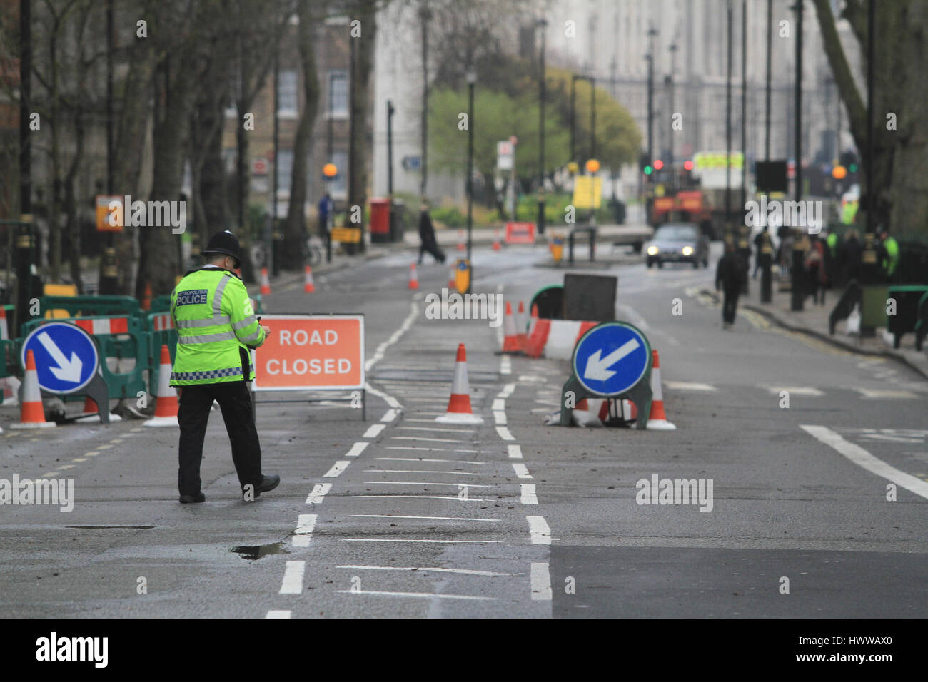 London, UK. 23rd Mar, 2017. The area around the Houses of Parliament remains in lockdown after the terror attacks in Westminster Credit: amer ghazzal/Alamy Live News Stock Photo
