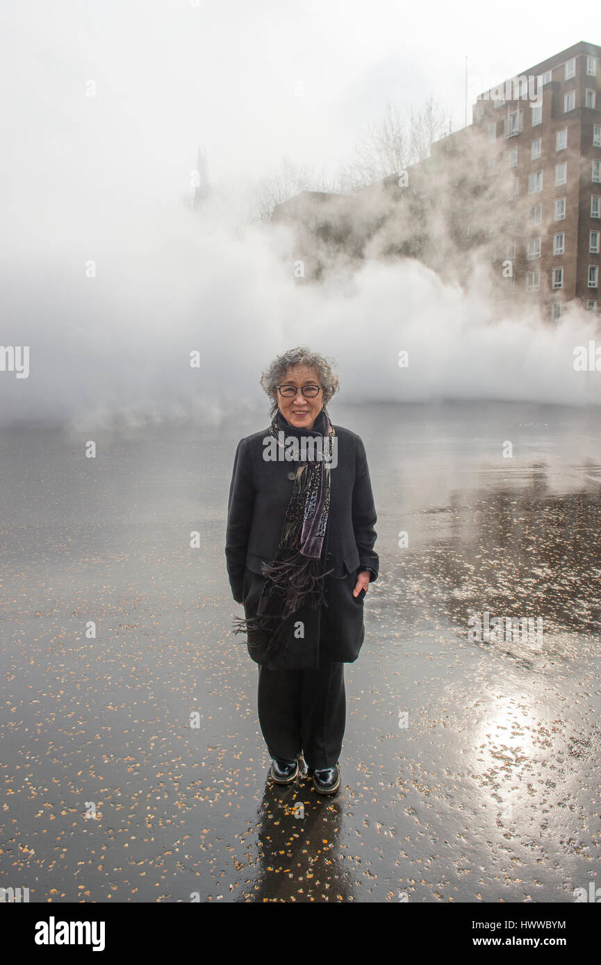 Tate Modern, London, UK. 23rd March 2017. BMW Tate Live exhibition, Ten Days Six Nights. Fujiko Nakaya with her fog sculpture outside Tate Modern’s Switch House. Credit: Malcolm Park editorial/Alamy Live News. Stock Photo