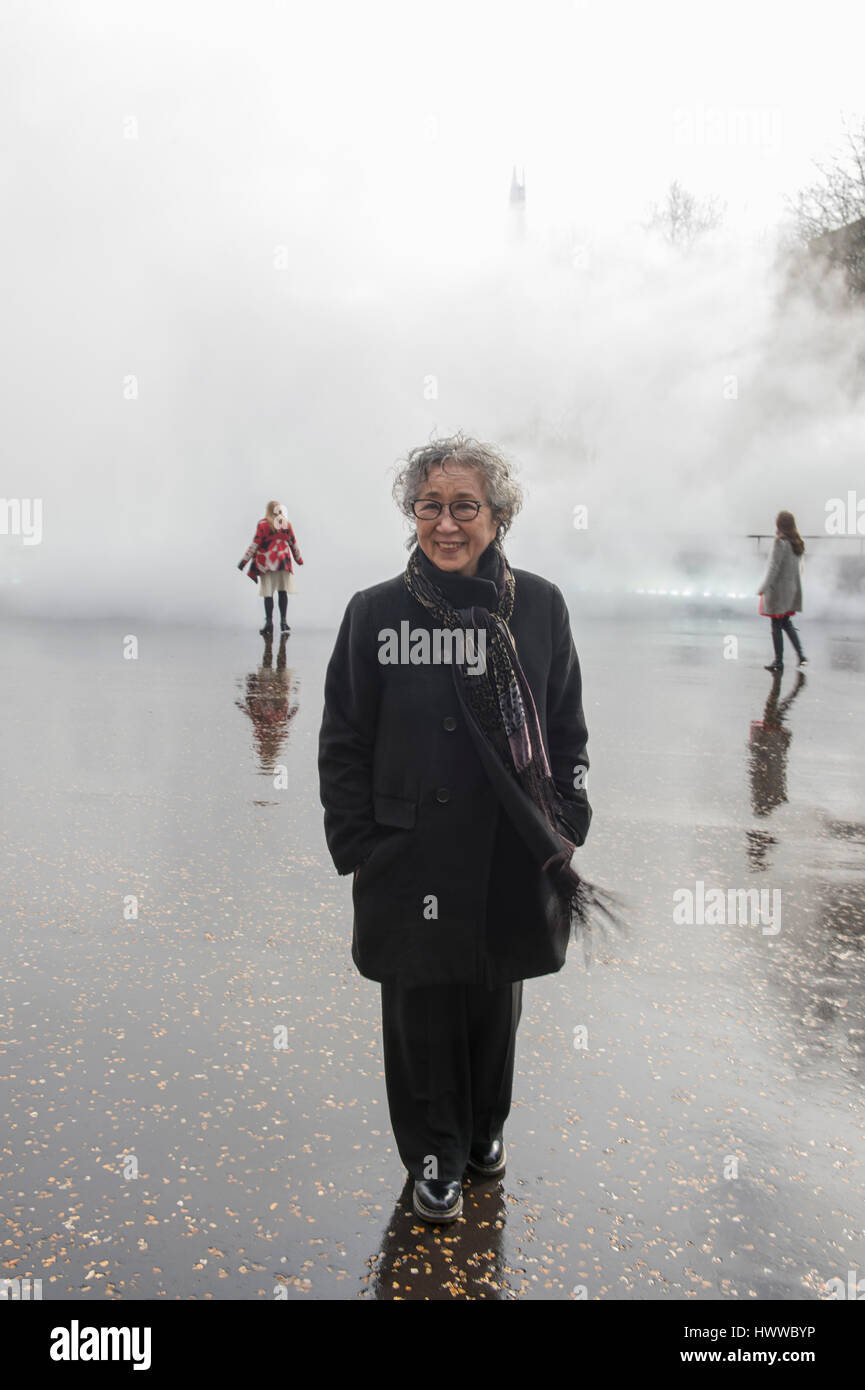 Tate Modern, London, UK. 23rd March 2017. BMW Tate Live exhibition, Ten Days Six Nights. Fujiko Nakaya with her fog sculpture outside Tate Modern’s Switch House. Credit: Malcolm Park editorial/Alamy Live News. Stock Photo