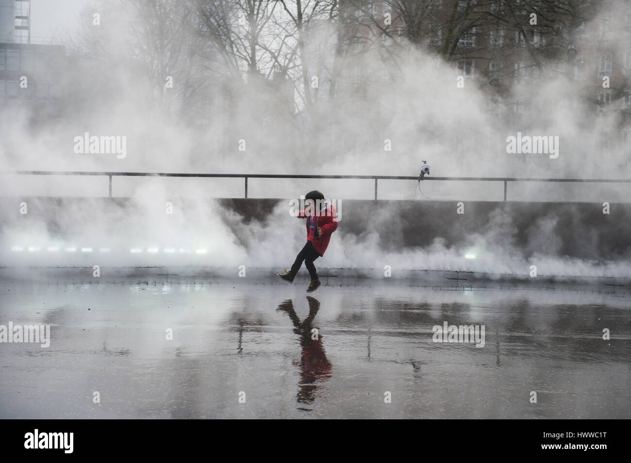 Tate Modern, London, UK. 23rd March 2017. BMW Tate Live exhibition, Ten Days Six Nights. Fujiko Nakaya fog sculpture debuts outside Tate Modern’s Switch House. Credit: Malcolm Park editorial/Alamy Live News. Stock Photo