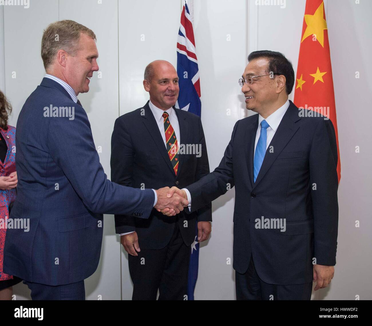 Canberra, Australia. 23rd Mar, 2017. Chinese Premier Li Keqiang(R) meets with Australian Senate President Stephen Parry(C) and Speaker of the House of Representatives Tony Smith in the Parliament House in Canberra, Australia, March 23, 2017. Credit: Li Tao/Xinhua/Alamy Live News Stock Photo
