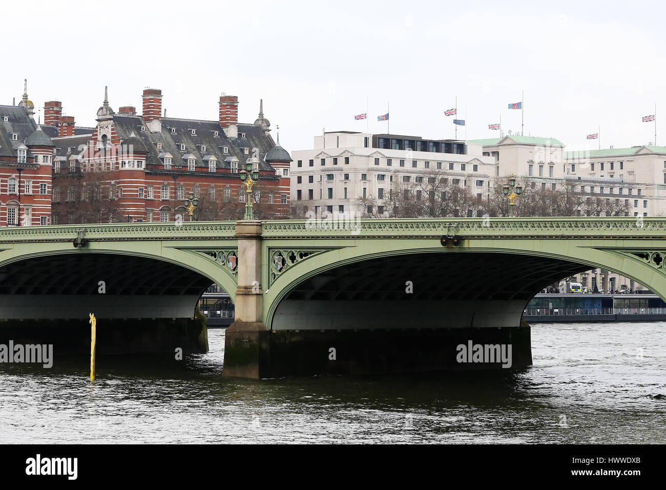 Westminster, London, UK 23 Mar 2017- A general view of Westminster Bridge without any traffice as it remains closed following the terrorist attack in Westminster, London. Scotland Yard said on 23 March 2017 that police have made seven arrests in raids carried out over night in Birmingham London and elsewhere in the country after the terror attack in the Westminister Palace grounds and on Westminster Bridge on 22 March 2017 leaving four people dead, including the attacker, and 29 people injured. Credit: Dinendra Haria/Alamy Live News Stock Photo