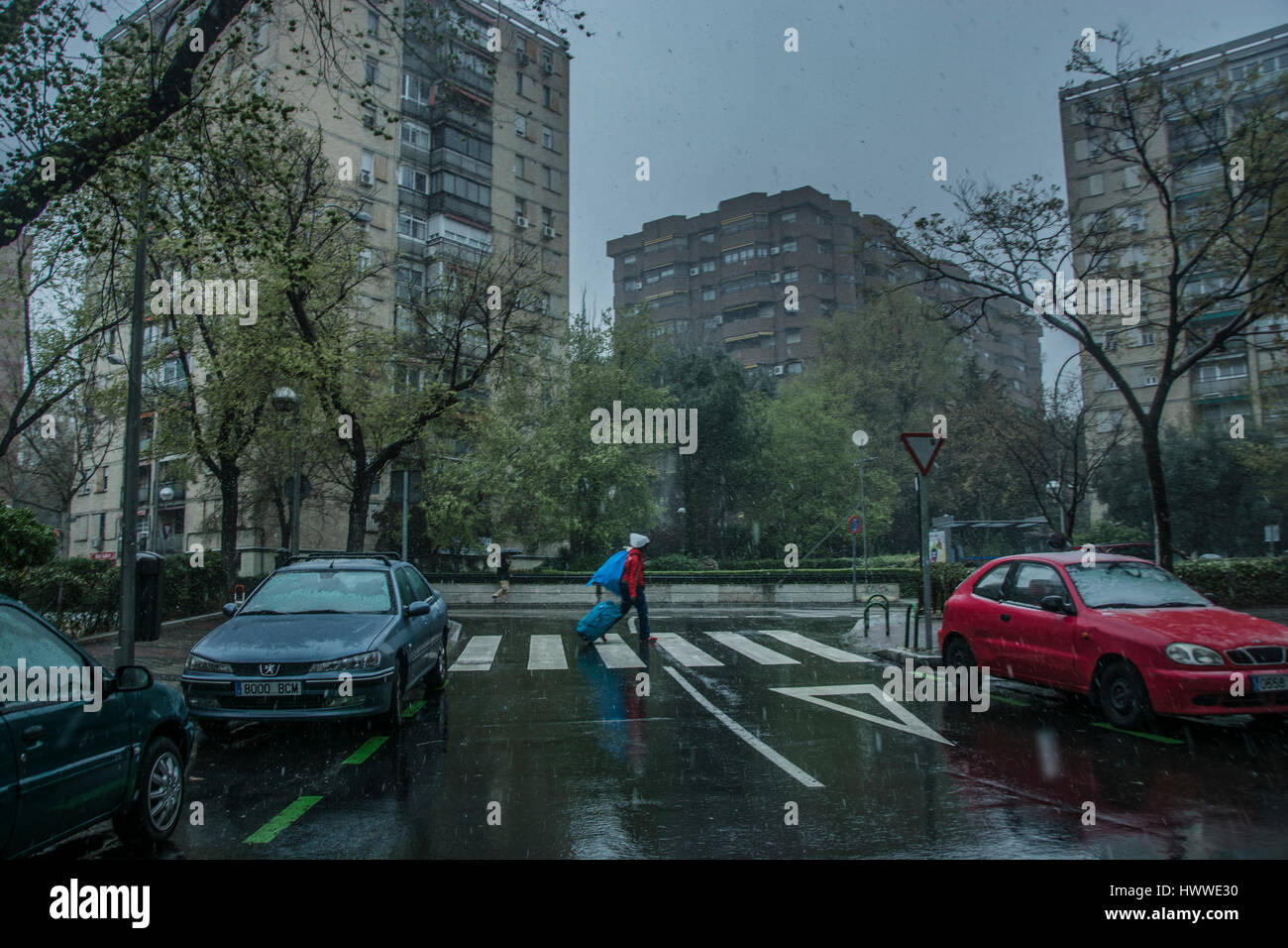 Madrid, Spain. 23rd Mar, 2017. Weird snow climate in Madrid, Spain after a flash spring Credit: Alberto Sibaja Ramírez/Alamy Live News Stock Photo