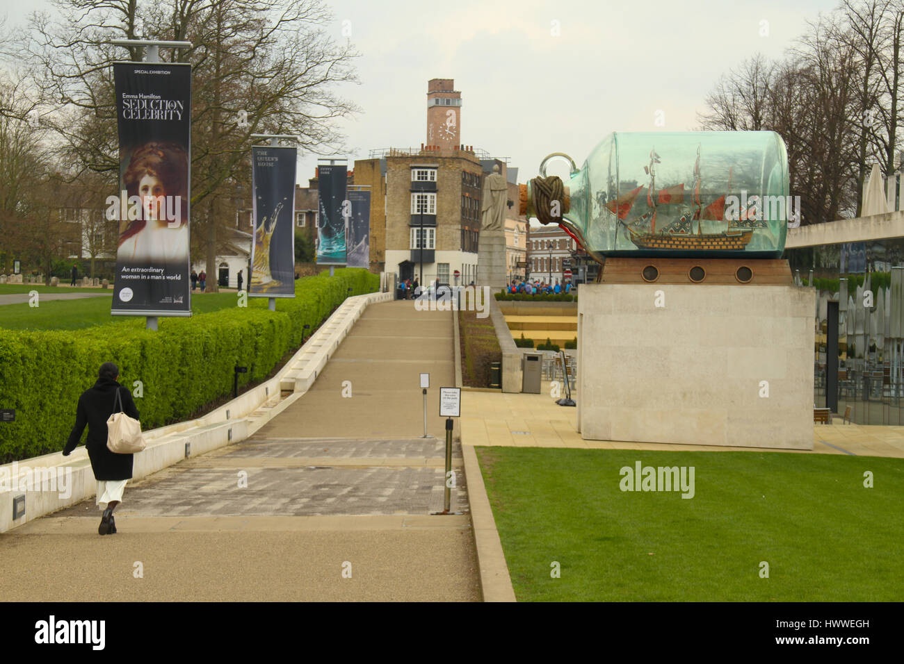 London, UK. 23rd Mar, 2017. Yinka Shonibare's replica of Nelson's HMS Victory in a bottle mounted on a plynth by the Royal Greenwich Park. Greenwich Park hosts the Prime Meridian Line and Royal Observatory as well as being part of the Greenwich Maritime World Heritage Site which is home to The National Maritime Museum and Old Royal Naval College. Credit: David Mbiyu/Alamy Live News Stock Photo