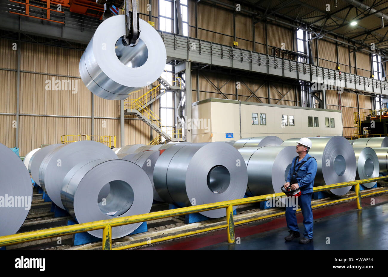 Duisburg, Germany. 13th Mar, 2017. Coils are transported at