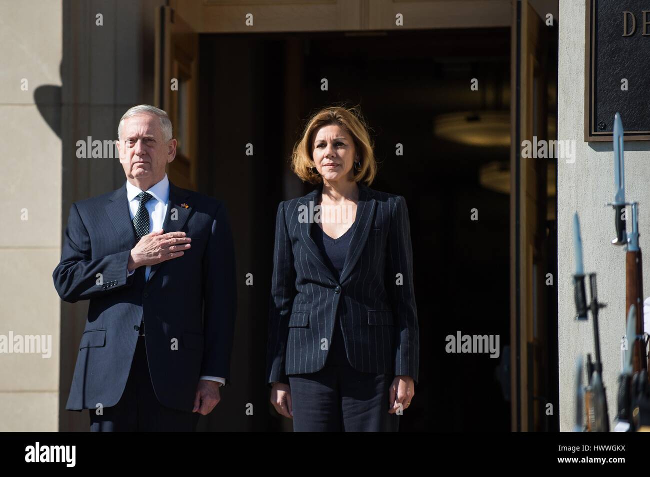 Arlington, Virginia, USA. 23rd March 2017. U.S. Secretary of Defense Jim Mattis stands with Spanish Defense Minister Maria Dolores de Cospedal during an honor guard ceremony prior to their bilateral meeting at the Pentagon March 23, 2017 in Arlington, Virginia. Credit: Planetpix/Alamy Live News Stock Photo
