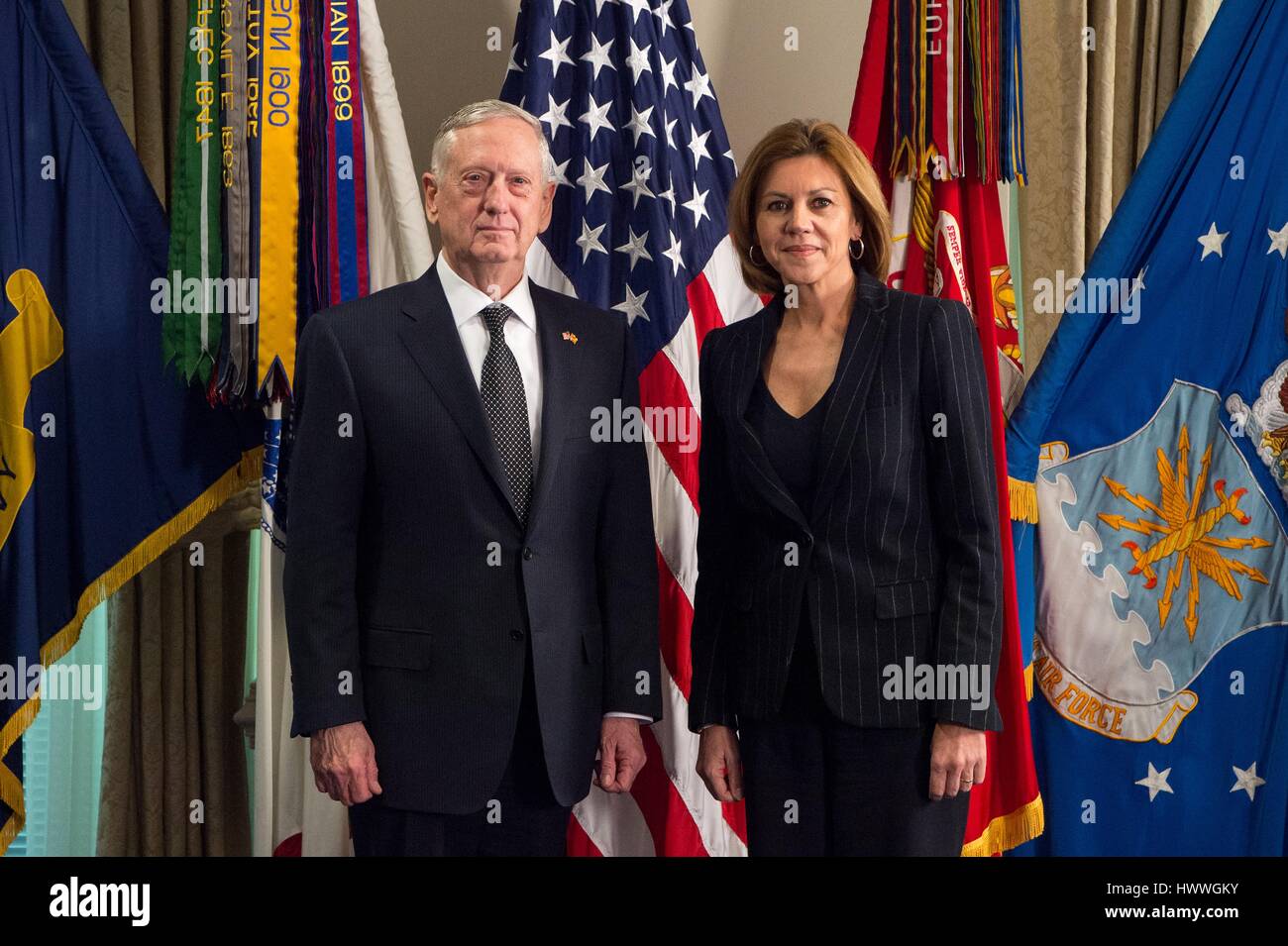 Arlington, Virginia, USA. 23rd March 2017. U.S. Secretary of Defense Jim Mattis stands with Spanish Defense Minister Maria Dolores de Cospedal prior to their bilateral meeting at the Pentagon March 23, 2017 in Arlington, Virginia. Credit: Planetpix/Alamy Live News Stock Photo