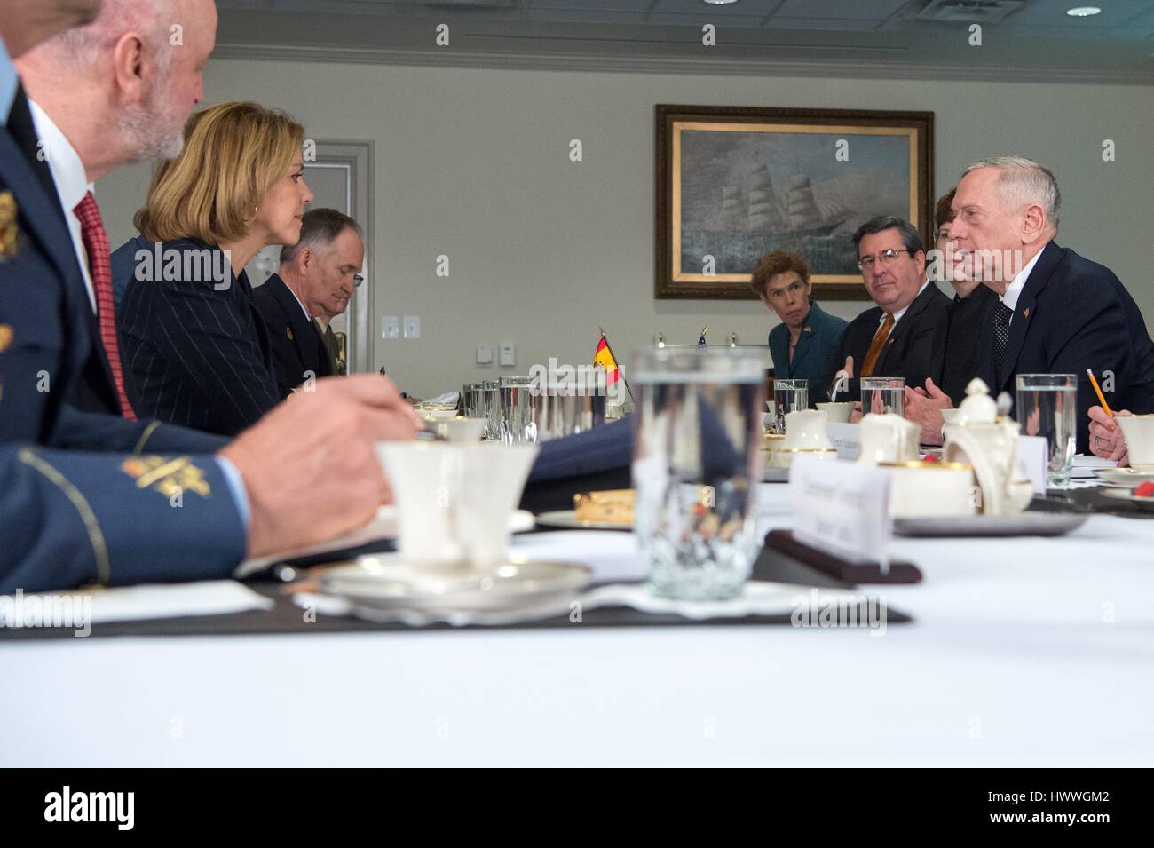 Arlington, Virginia, USA. 23rd March 2017. U.S. Secretary of Defense Jim Mattis during a bilateral meeting with Spanish Defense Minister Maria Dolores de Cospedal at the Pentagon March 23, 2017 in Arlington, Virginia. Credit: Planetpix/Alamy Live News Stock Photo