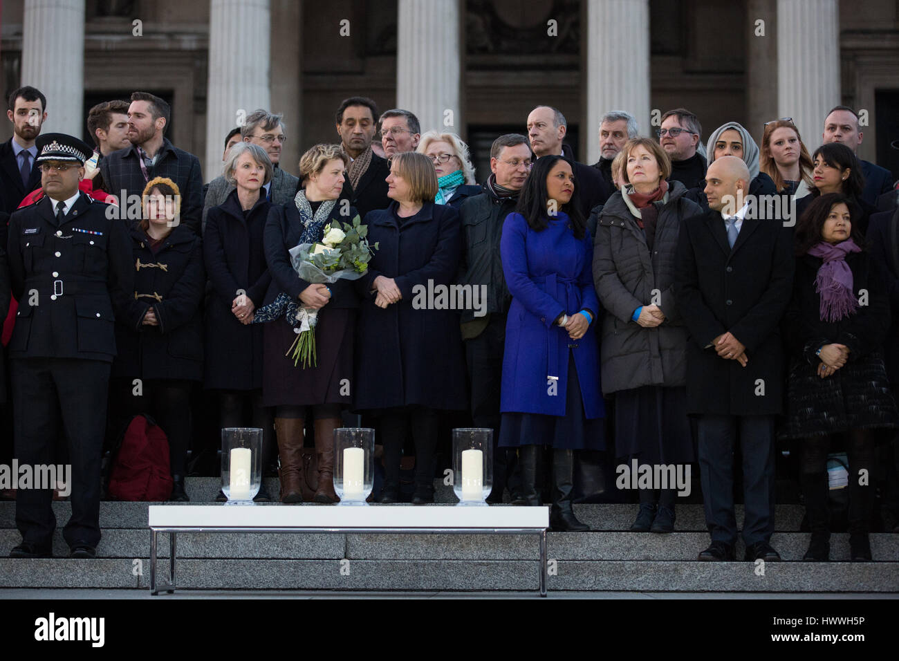 London, UK. 23rd March, 2017. Dignitaries including Sajid Javid MP, Rushanara Ali MP, Tessa Jowell and London Assembly Members assemble in Trafalgar Square for a vigil for the victims of yesterday's terror attack on Westminster Bridge and the Palace of Westminster. Credit: Mark Kerrison/Alamy Live News Stock Photo
