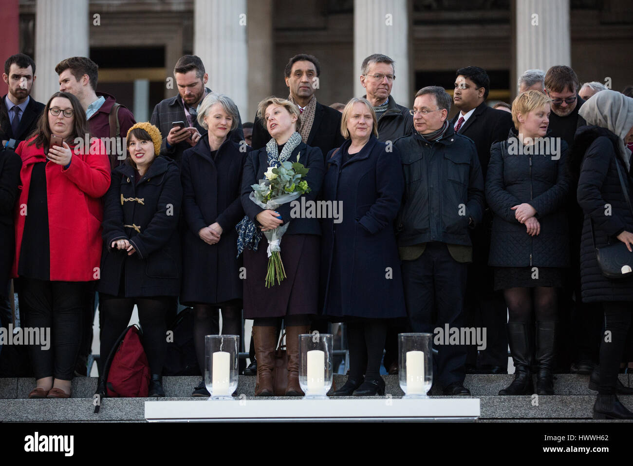 London, UK. 23rd March, 2017. Dignitaries including London Assembly Members assemble in Trafalgar Square for a vigil for the victims of yesterday's terror attack on Westminster Bridge and the Palace of Westminster. Credit: Mark Kerrison/Alamy Live News Stock Photo