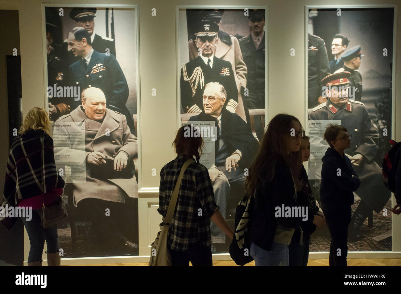 Gdansk, Poland. 23rd March, 2017. Gdansk, Poland. 23rd Mar, 2017. Picture of Winston Churchill, Franklin Delano Roosevelt and Joseph Stalin during Yalta Conference in 1945 is showed on exhibition of the Museum of the Second World War. Museum was opened on 23 March 2017 in Gdansk, Poland. Gdansk Museum is the biggest and the newest museum in Poland. Credit: Wojciech Stróżyk/Alamy Live News Stock Photo