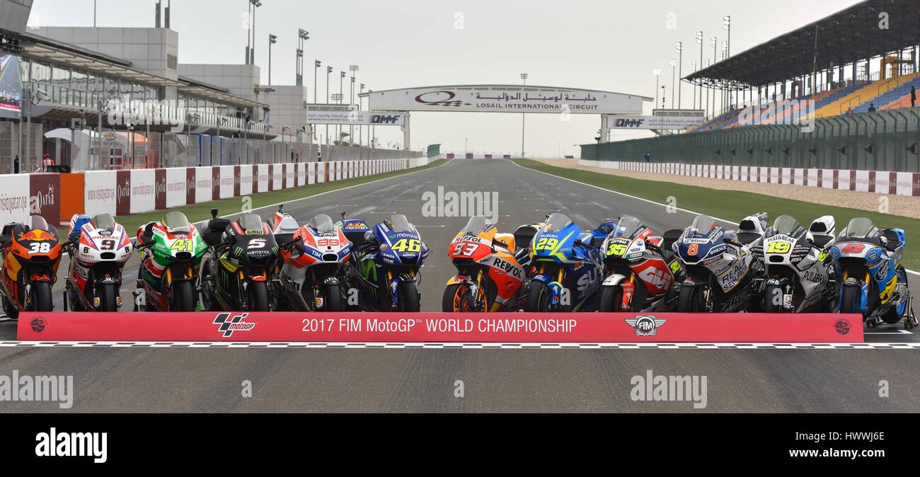 Doha, Qatar. 23rd Mar, 2017. The 2017 MotoGP bikes line up during a photo  session before 2017 MotoGP Grand Prix of Qatar Free Practice 1 in Losail  Circuit of Doha, capital of