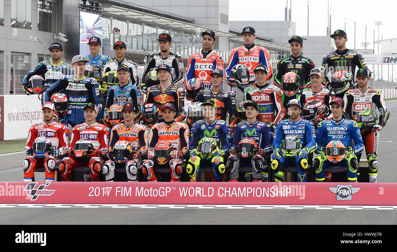 Doha, Qatar. 23rd Mar, 2017. MotoGP riders pose during a photo session  before 2017 MotoGP Grand Prix of Qatar Free Practice 1 in Losail Circuit of  Doha, capital of Qatar, on March