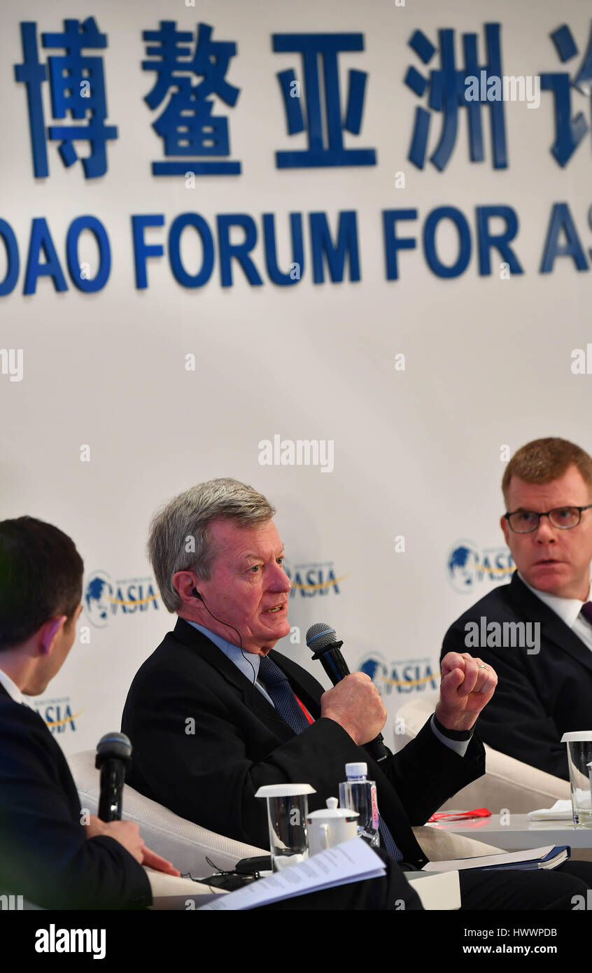 Boao, China's Hainan Province. 24th Mar, 2017. Max S. Baucus, former Chairman of U.S. Senate Committee on Finance, speaks at the session of 'Time for Fiscal Policy, Again?' during the Boao Forum for Asia Annual Conference 2017 in Boao, south China's Hainan Province, March 24, 2017. Credit: Guo Cheng/Xinhua/Alamy Live News Stock Photo