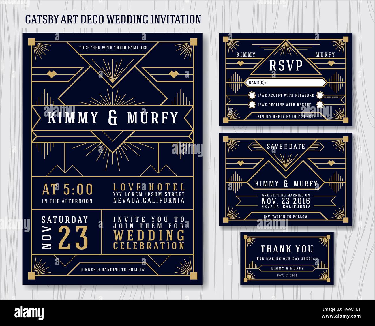 Great Gatsby Art Deco Wedding Invitation Design Template. Include RSVP card, Save the date card, thank you tags. Classic Premium Vintage Style Frame V Stock Vector