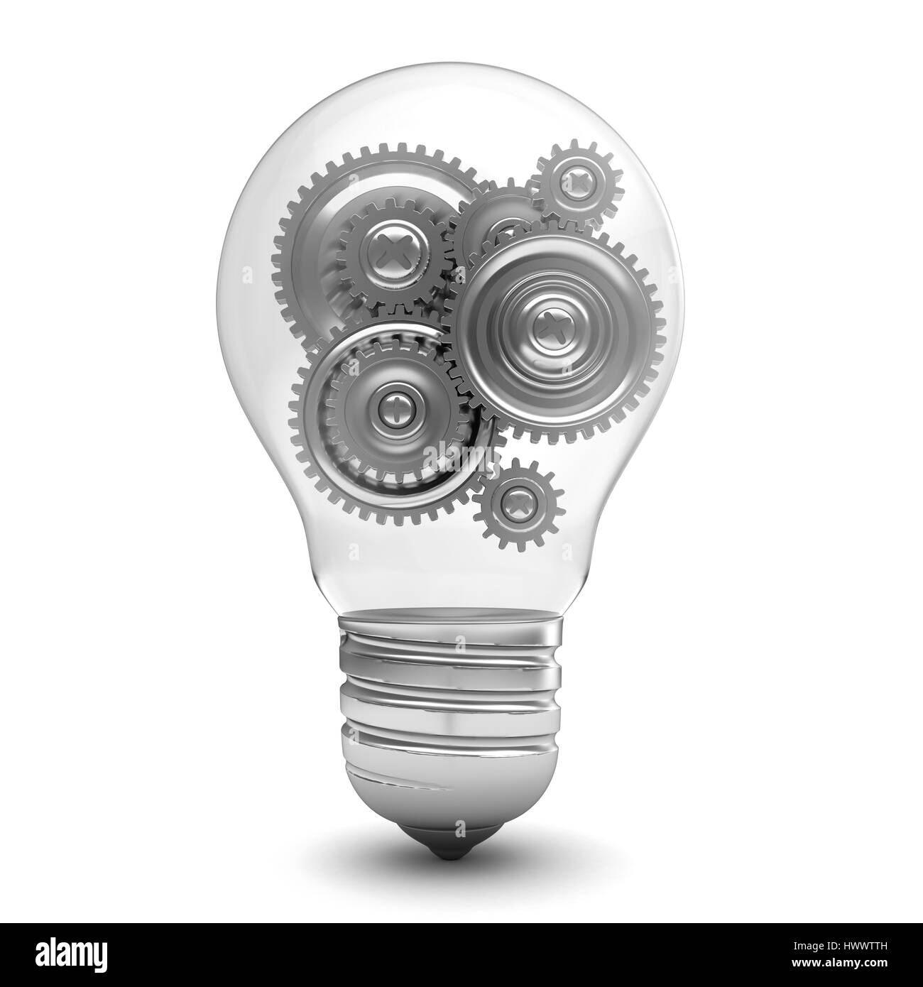 3d illustration of light bulb with gear wheels inside Stock Photo