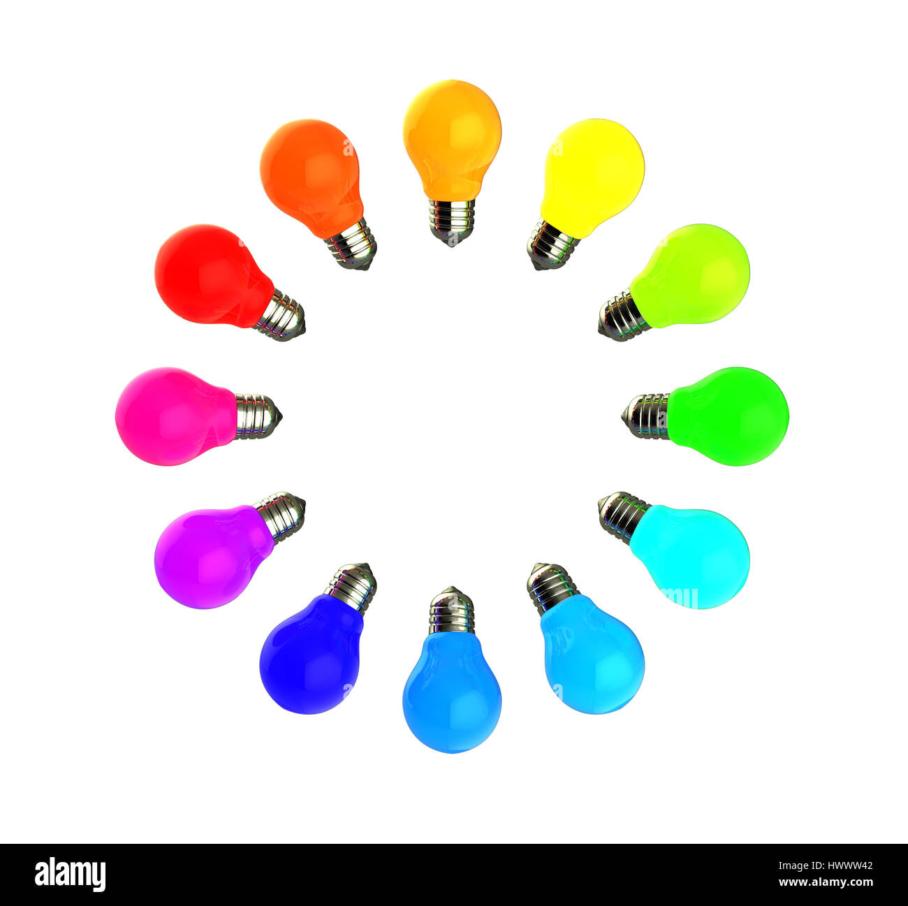 abstract 3d illustration of colorful light bulbs circle isolated over white background Stock Photo