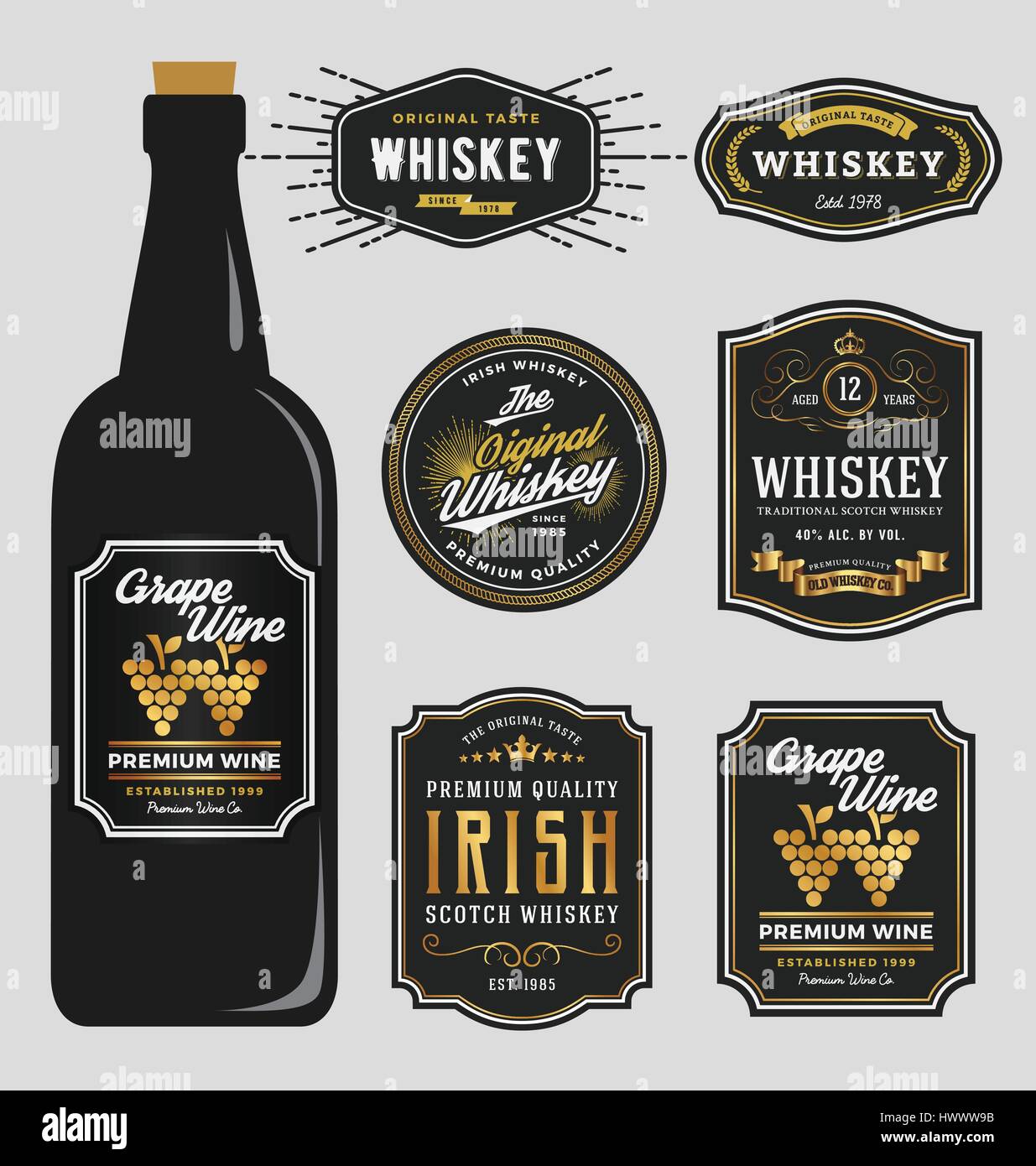 Vintage Premium Whiskey Brands Label Design Template, Resize able and free font used. Vector illustration Stock Vector