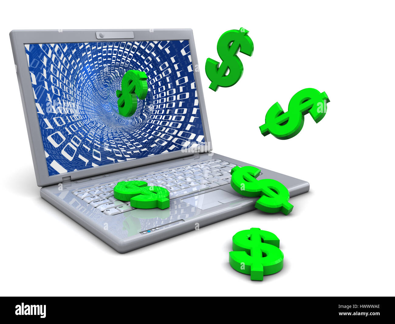 3d illustration of laptop computer and dollar signs, internet business ...